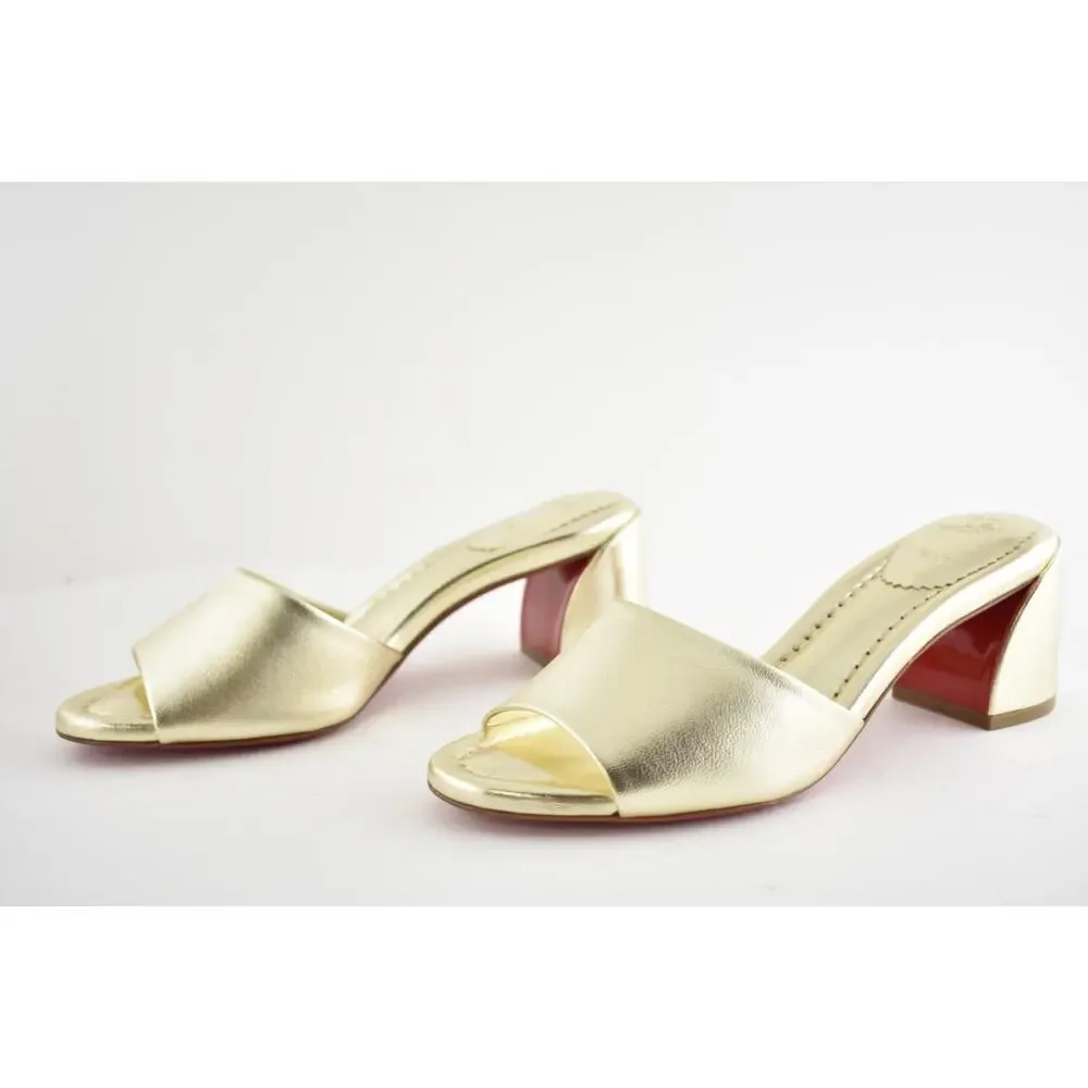 Christian Louboutin Jane Mule 55 Platine Gold Leather Backless Sandal Heel 37